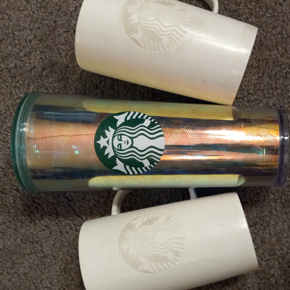Starbucks iridescent tumbler and 2 white matching mugs, preloved, no straw - Picture 1 of 9